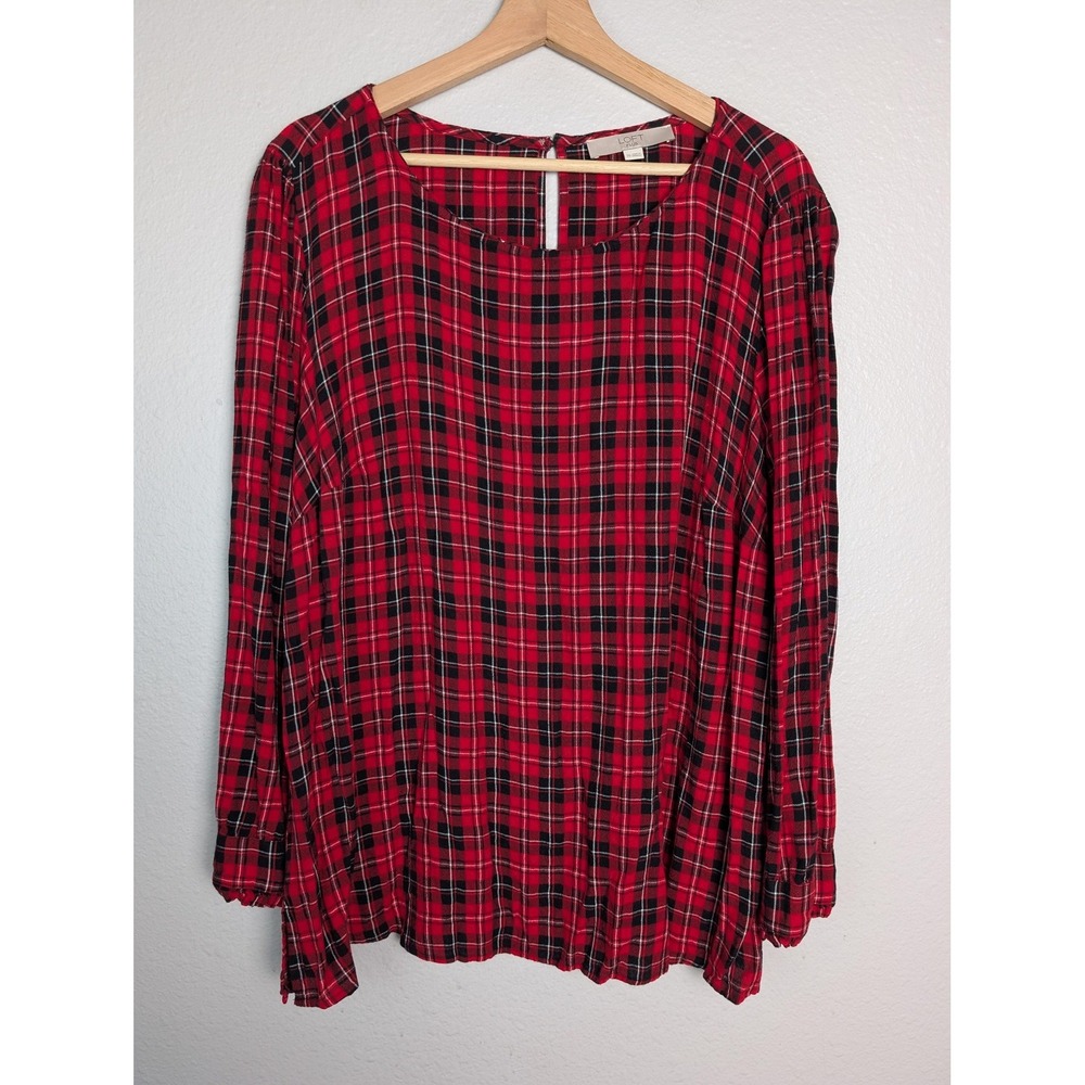 LOFT Tunic Womens 20 Red Scoop Neck Roll Tab Sleeve Rayon‎ Plaid Relaxed